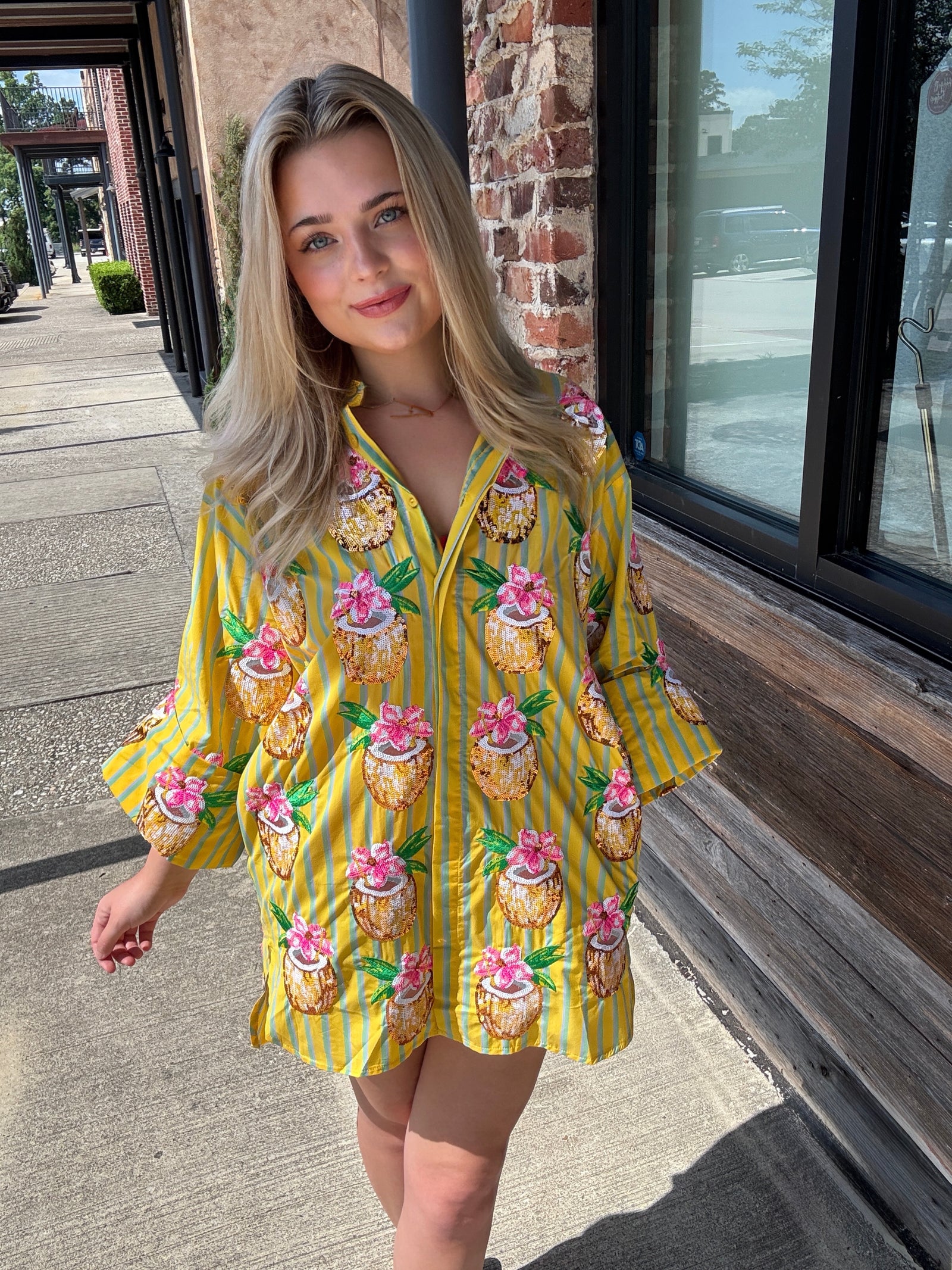 Queen of Sparkles Yellow Striped Coconut Drink Button Up Cotton Tunic