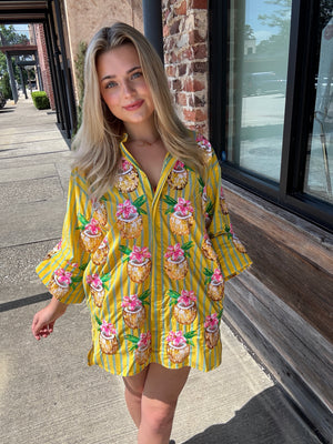 Queen of Sparkles Yellow Striped Coconut Drink Button Up Cotton Tunic