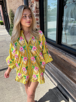 Queen of Sparkles Yellow Striped Coconut Drink Button Up Cotton Tunic