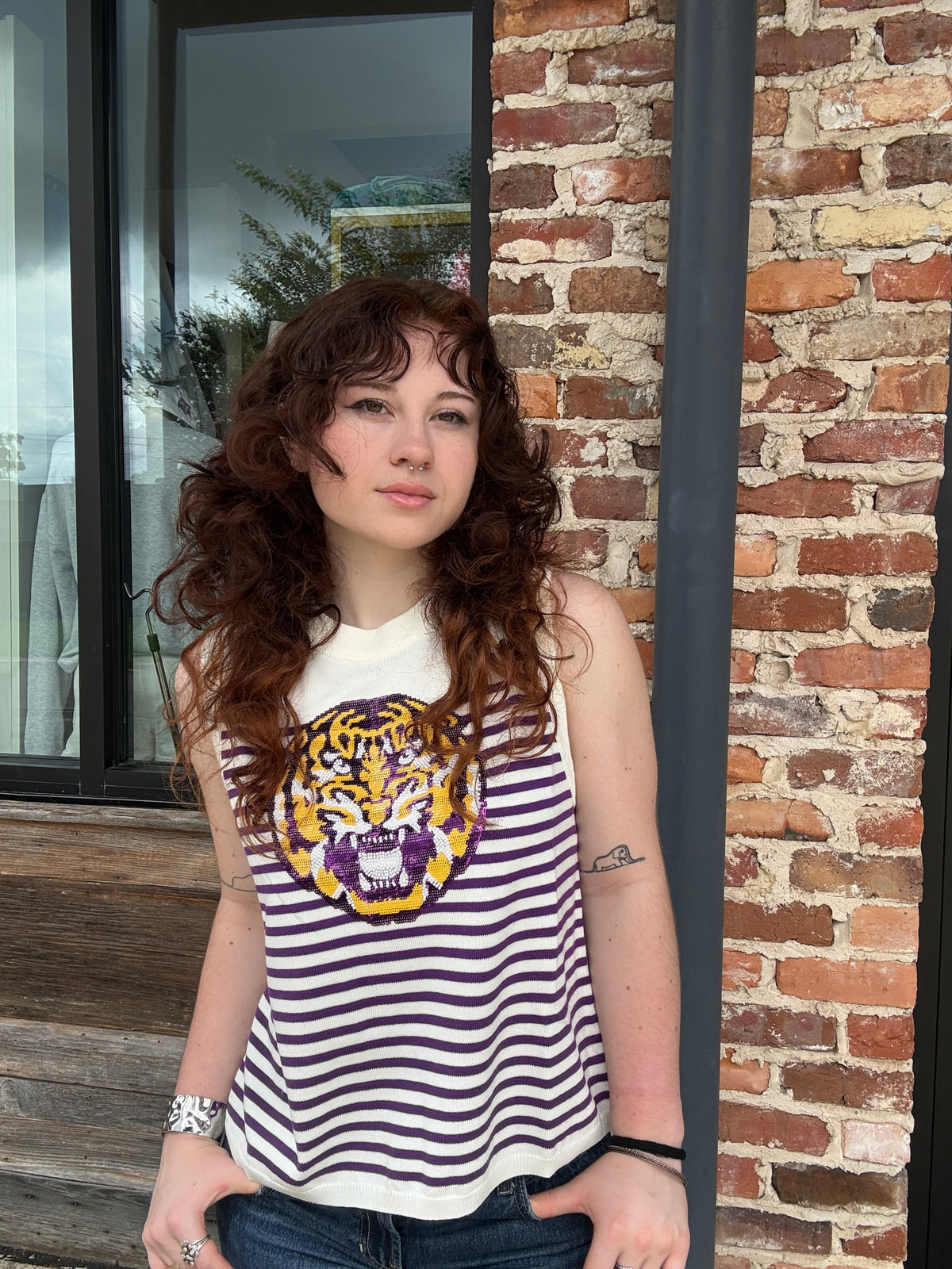 Queen of Sparkles Licensed LSU Mascot Striped Knit Tank