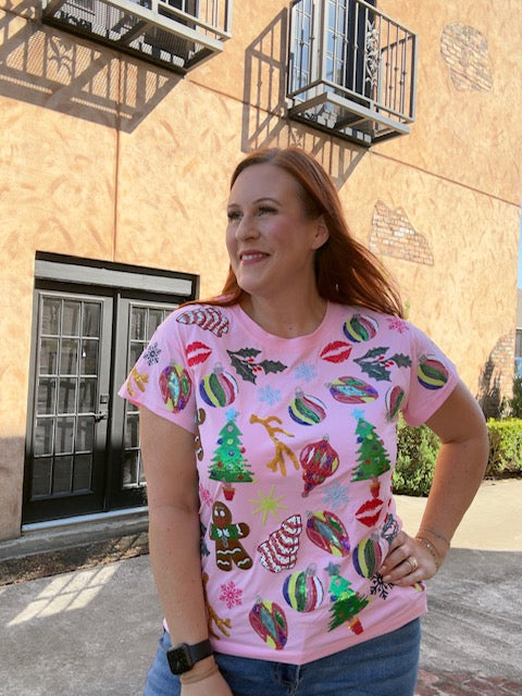 Queen of Sparkles Light Pink Christmas Icons Tee