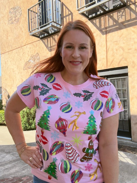 Queen of Sparkles Light Pink Christmas Icons Tee