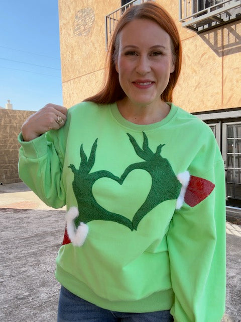 Queen of Sparkles Green Grinch Heart Hands Sweatshirt