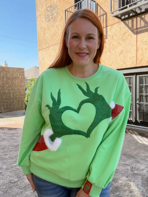 Queen of Sparkles Green Grinch Heart Hands Sweatshirt