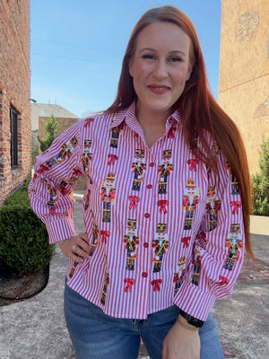 Queen of Sparkles Red Stripe Scattered Nutcracker & Bow Cotton Button Up Top