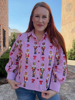 Queen of Sparkles Red Stripe Scattered Nutcracker & Bow Cotton Button Up Top