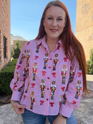 Queen of Sparkles Red Stripe Scattered Nutcracker & Bow Cotton Button Up Top