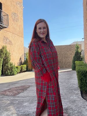 Queen of Sparkles Red & Green Plaid Feather Sleeve Button Up Midi Dress