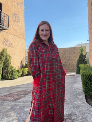 Queen of Sparkles Red & Green Plaid Feather Sleeve Button Up Midi Dress