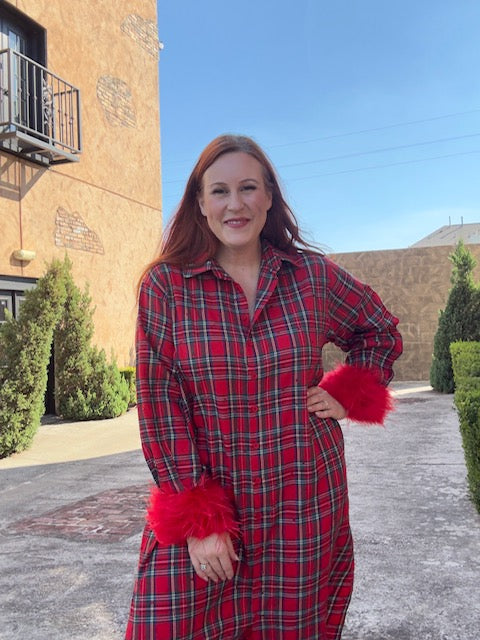 Queen of Sparkles Red & Green Plaid Feather Sleeve Button Up Midi Dress