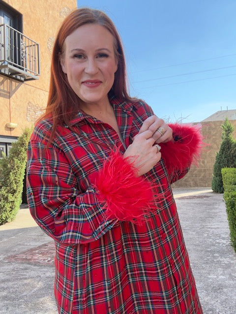 Queen of Sparkles Red & Green Plaid Feather Sleeve Button Up Midi Dress