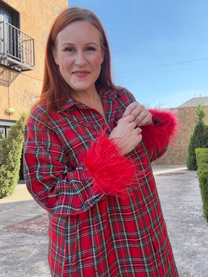 Queen of Sparkles Red & Green Plaid Feather Sleeve Button Up Midi Dress