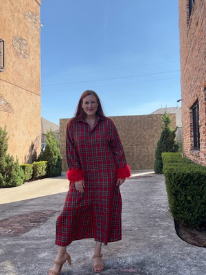 Queen of Sparkles Red & Green Plaid Feather Sleeve Button Up Midi Dress