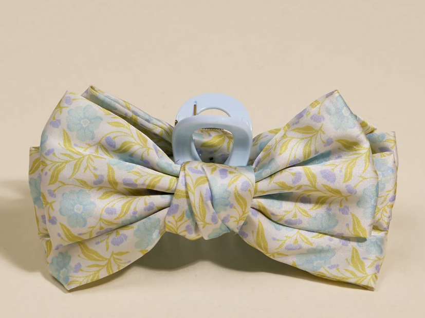 bow hair clip with aqua flowers