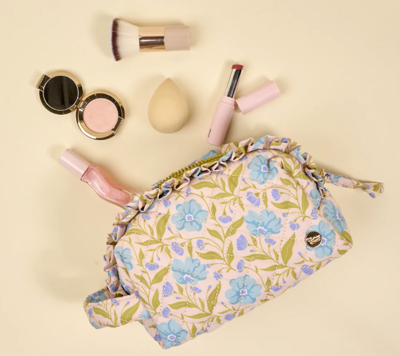 Aqua floral makeup bag with ruffles