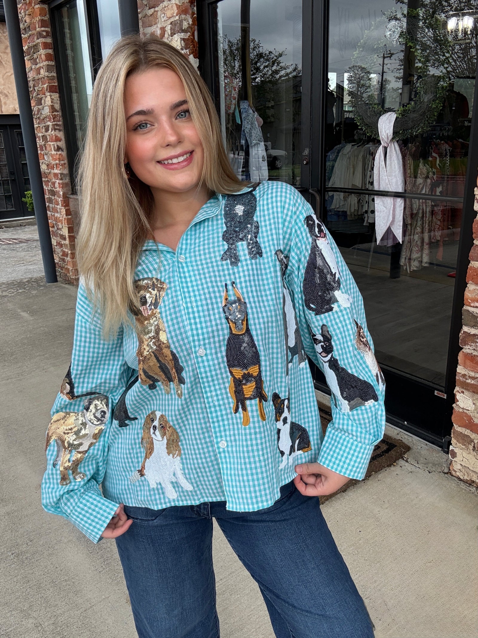 Sequins, QOS, dogs, sparkles, queen of sparkles, blue gingham