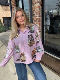 Lavender gingham button‑up top with sequin cat designs, long sleeves, shown on a model.