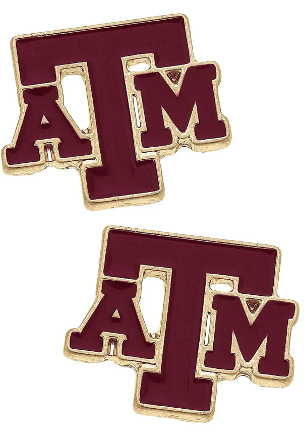 Texas A&M Aggies Enamel Logo Stud Earrings in Shiny Gold
