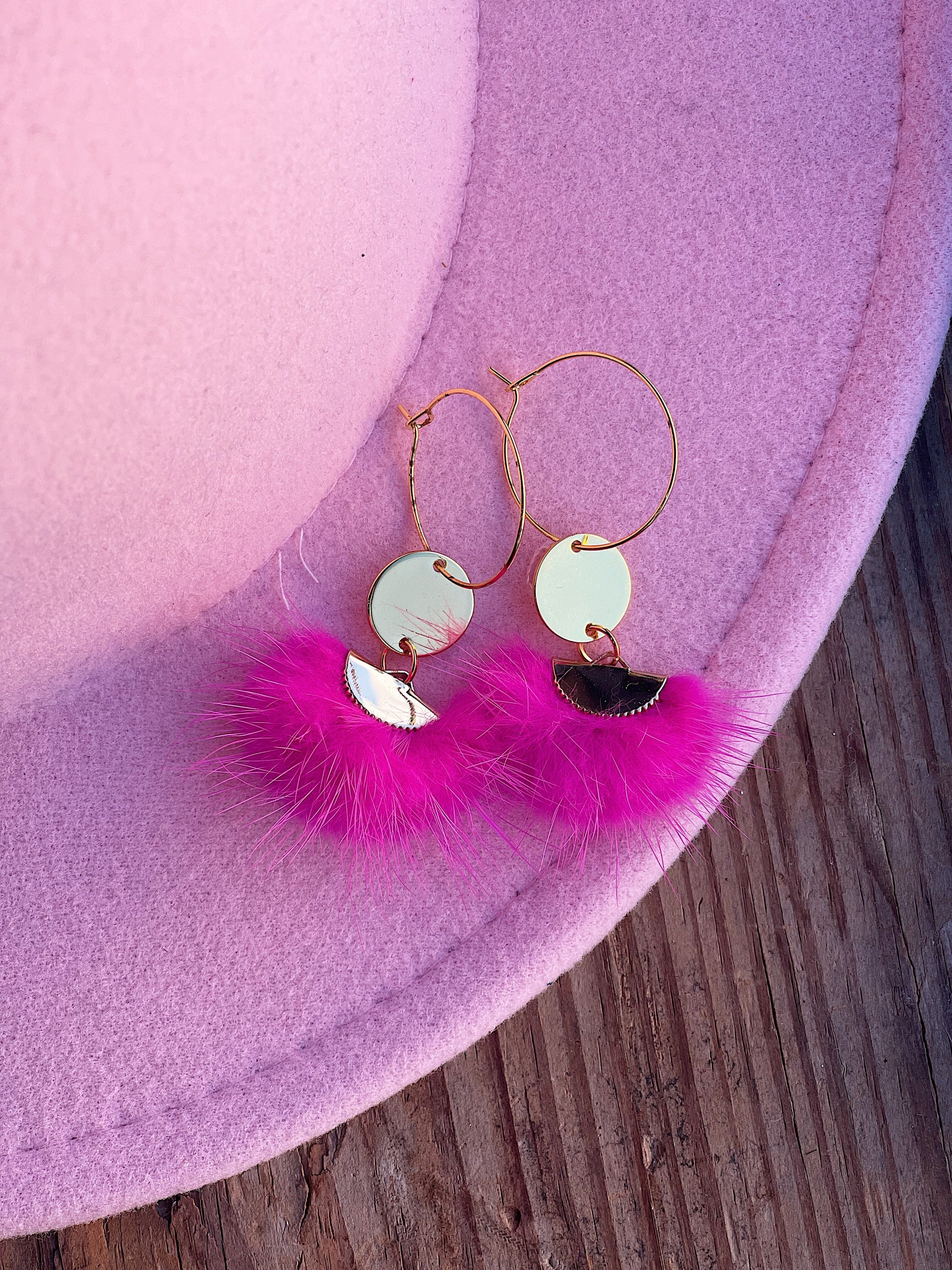 Hot Pink Dangle Puff Earrings